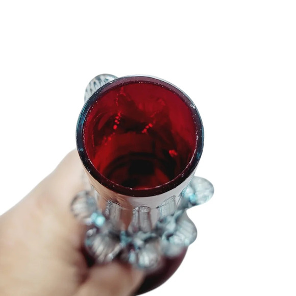 Vintage Cranberry Victorian Art Glass  Vase With Light Blue Applied Rigaree - Picture 5 of 10